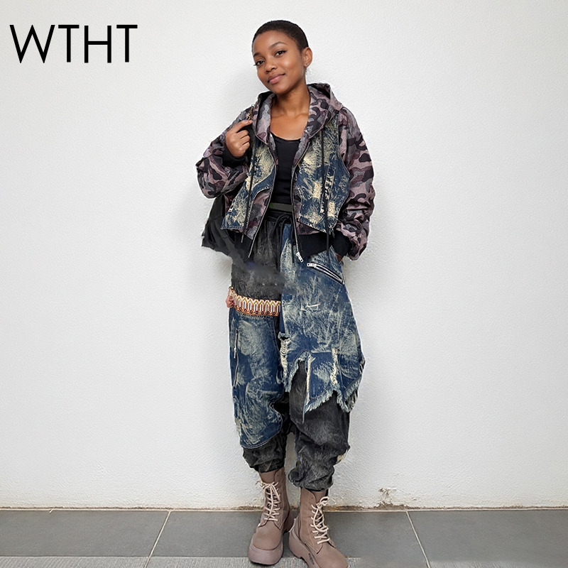 Patchwork Jean Jacket - Modna damska kurtka dżinsowa z kapturem,
