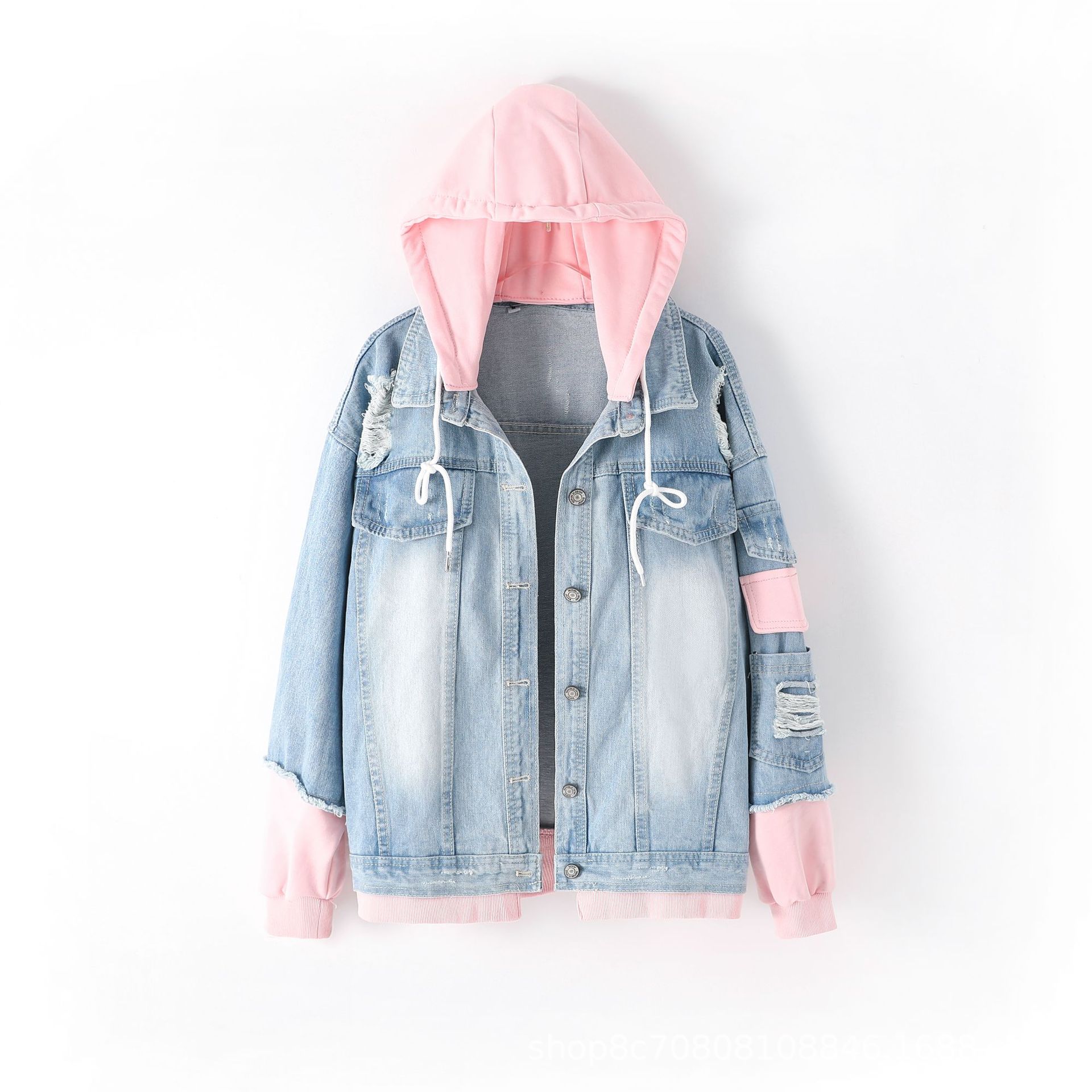 Patchwork Jean Jacket - Luźne panele z kapturem w europejskim