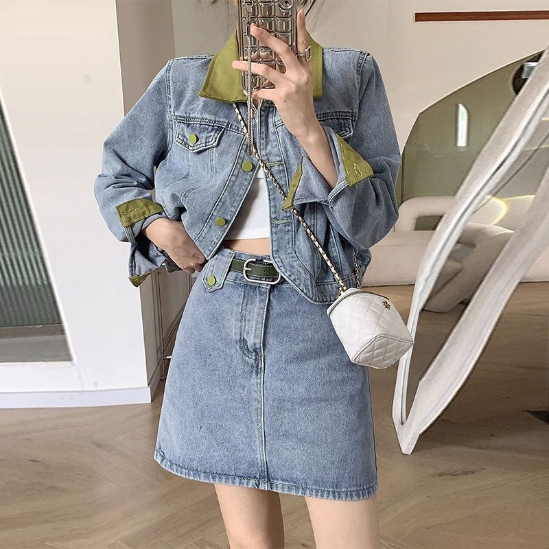 Patchwork Jean Jacket - Płaszcze dżinsowe Mini spódniczki Dwuczęściowe zestawy
